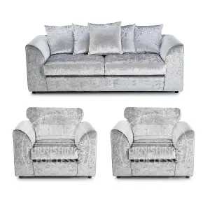 Crystal Crushed Velvet 3 Piece Sofa Set - 3 1 1 Silver - Scatter Back