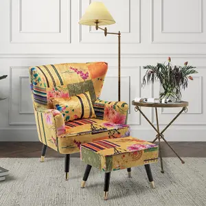 Fabric Gold Patchwork Victoria Accent Wingback Chair with Footstool