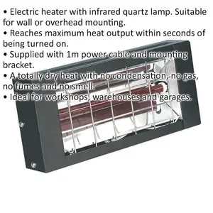 1500W Infrared Quartz Electric Heater - Wall Mounted - 1m Power Cable - 230V