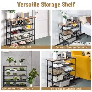 Costway 5-Tier Shoe Rack Industrial Shoe Organizer w/ Wooden Top Flat Mesh Shelves