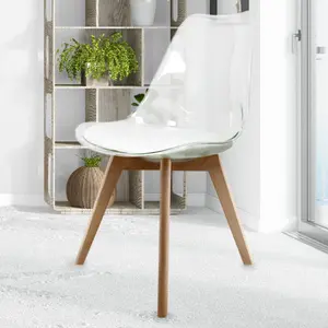 Soho Clear and White Plastic Dining Chair with Squared Light Wood Legs