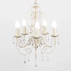 ValueLights Lille Cream Ornate Vintage Style Shabby Chic 5 Way Ceiling Light Chandelier with Acrylic Jewels