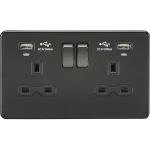 Knightsbridge Screwless Double Switched Socket Dual USB-A LED 13A 2 Gang Matt Black - SFR9904NMBB