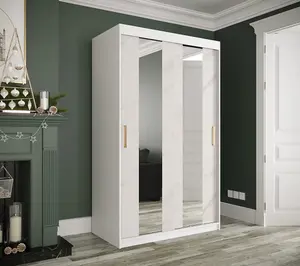 Elegant White Geneva Sliding Door Wardrobe W1200mm H2000mm D620mm - Mirrored Doors, Gold Handles, Sleek Design