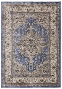 Blue Luxurious Traditional Bordered Easy To Clean Rug For Living Room Bedroom & Dining Room-120cm X 166cm