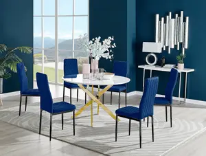 Furniturebox UK Novara White Gloss Gold Leg 120cm Round Dining Table & 6 Navy Velvet Milan Black Leg Chairs