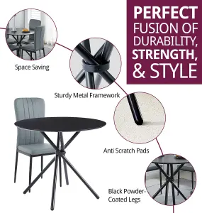 Hallowood Furniture Cullompton Small Black Round Dining Table 90cm with 4 Light Grey Faux Leather Chairs