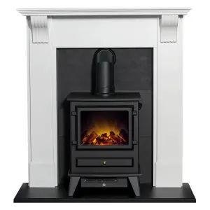 Adam Harrogate Stove Fireplace in Pure White & Black with Hudson Electric Stove in Black, 39 Inch