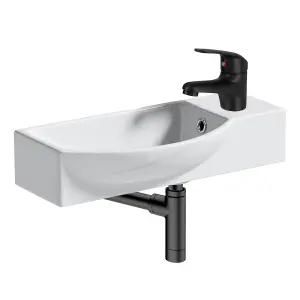 460mm Curved Wall Hung 1 Tap Hole Basin Matt Black Tap With Basin Waste & Minimalist Bottle Trap Waste