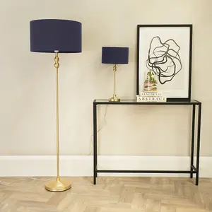 ValueLights Maggie Gold Metal Candlestick Floor Lamp with Navy Blue Fabric Lamp Shade and LED Bulb