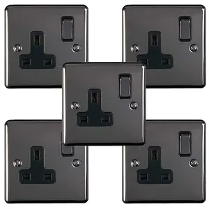 5 PACK 1 Gang Single UK Plug Socket BLACK NICKEL 13A Switched Power Outlet