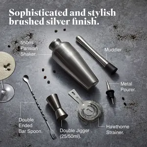 VonShef Cocktail Shaker Set Brushed Stainless Steel, 550ml Parisian Shaker 6pc Bartender Set, Strainer, Muddler, Jigger & Gift Box