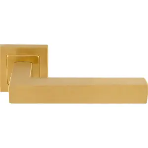 Premium Straight Door Handle Set - Satin Brass Designer Lever On Square Rose