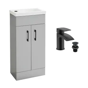 Light Matt Grey 400 Vanity Basin Sink Unit & Black Sleek Waterfall Basin Tap