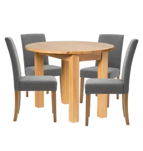 Hallowood Furniture Waverly Drop Leaf Round Table with 4 Upholstered Chairs in Grey Fabric