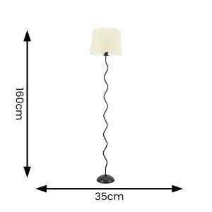 ValueLights Wiggle Black Metal Single Stem Floor Lamp with Linen Scallop White Trim Tapered Shade