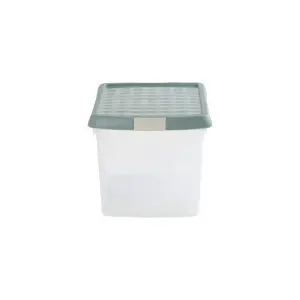 Wham Clip 2x 14L Rectangular Plastic Storage Boxes with Secure Clip Lock Lids. L:39 x W:24 x H:21cm Clear/Green Milieu/Stone