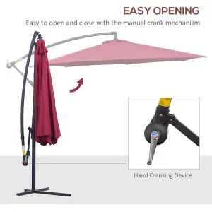 Outsunny 3(m) Garden Banana Parasol Cantilever Umbrella Crank, Wine Red