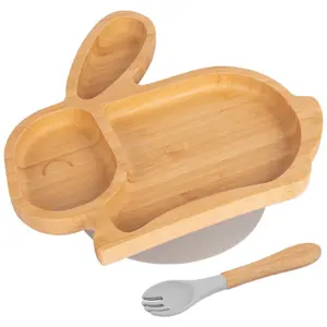 Bamboo Rabbit Baby Weaning Plate & Fork Set - Grey