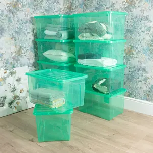 Wham Crystal 10 x 60L Plastic Storage Boxes with Lids. Large Size, Strong. Made in the UK Tint Leprechaun Green