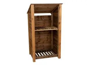 Wooden log store (roof sloping back) with kindling shelf W-99cm, H-180cm, D-88cm - brown finish