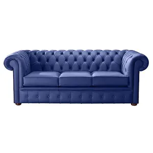 Chesterfield 3 Seater Shelly Deep Ultramarine Blue Leather Sofa Bespoke In Classic Style