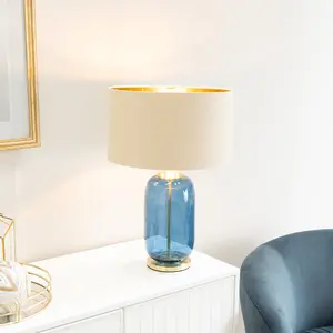 ValueLights Leigh Navy Blue Glass and Gold Detail Table Lamp with Beige/Gold Shade Light - LED Bulb Included