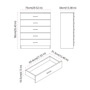 URBNLIVING Height 90.5cm 5 Drawer Wooden Bedroom Chest Cabinet Grey Carcass and Oak Drawers Modern Wide Storage Cupboard Closet