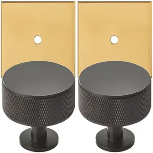 2 PACK - Cabinet Door Knob & Contrasting Backplate Set - Knurled Kitchen Pull - Matt Black & Satin Brass