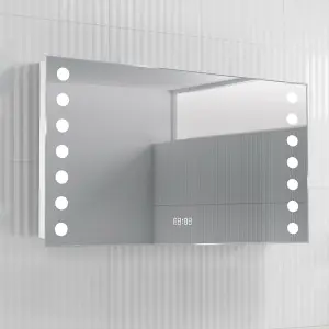 Modern Rectangular Lighted Bathroom Mirror Wall Mirror with Clock and Shaver Socket 800 x 600 mm