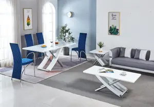 Modernique White MDF Marble Effect Dining Table with 4 Blue Velvet Chairs