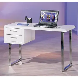 Carlo High Gloss Computer Desk In White With Chrome Legs