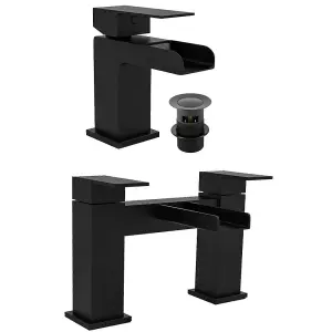 Matt Black Waterfall Bath Filler Tap & Basin Mixer Tap Square