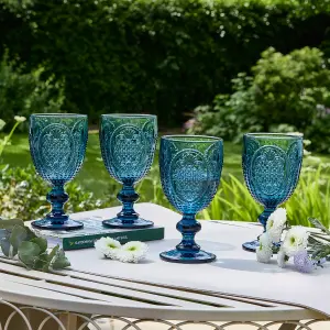 Set of 8 Vintage Luxury Blue Embossed Drinking Wine Glass Wine Goblets 310ml