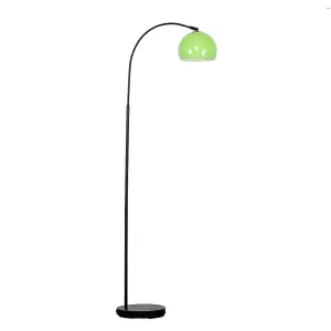 ValueLights Style Black Curved Stem Floor Lamp With Gloss Green Arco Style Metal Dome Light Shade With LED GLS Bulb in Warm White