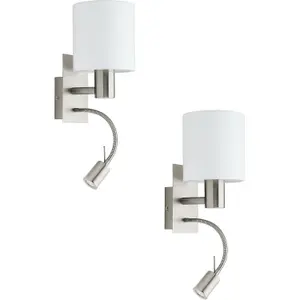 2 PACK Wall Light Colour Satin Nickel Shade White Fabric E27 LED 1x40W 1x3.5W