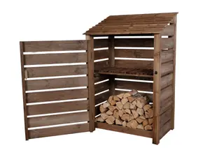 Slatted wooden log store with door and kindling shelf W-119cm, H-180cm, D-88cm - brown finish