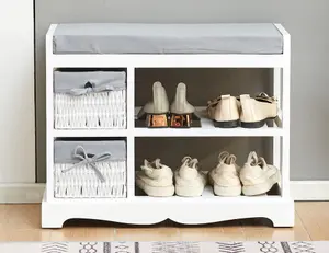 Home Source Norton White Shoe Storage Bench with Lined Baskets and Grey Padded Cushioned Seat