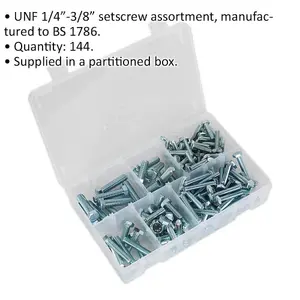 Comprehensive 144 Piece Setscrew Assortment - UNF Thread Sizes 1/4" to 3/8" in Storage Box