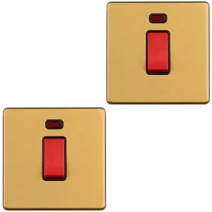 2 PACK 1 Gang Single 45A DP Cooker Switch & Neon SCREWLESS SATIN BRASS Rocker