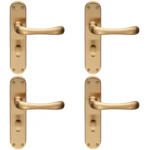 4 PACK - Rounded Smooth Bathroom Latch Door Handle - Satin Brass Lever on Backplate