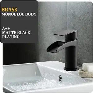 BATHWEST Waterfall Matte Black Bathroom Basin Sink Mixer Taps Mono Single Lever Faucet