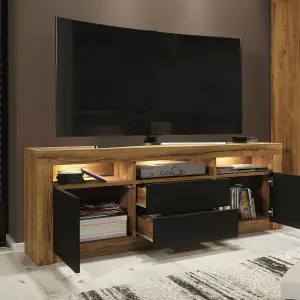 Shine TV Unit 160cm Oak & Black Matt Doors and LED Lighting - Creative Furniture