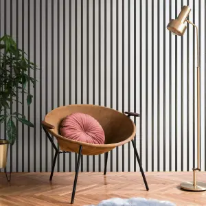 Metallic Silver & Black Wood Panel Slats Wallpaper 78627-1