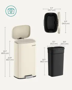 SONGMICS Kitchen Bin, Pedal Bin, Rubbish Bin with Soft-Close Lid and Inner Bucket, Steel, Sand Beige