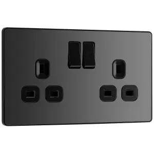 BG Evolve 13A Double Switched Power Socket, Screwless, Black Chrome