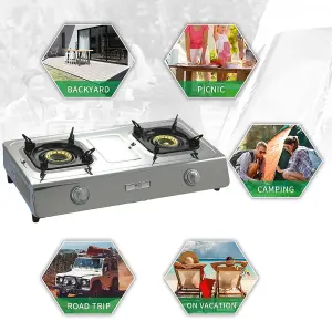 NJ NGB-200 Portable Gas Stove 2 Burner LPG Outdoor Cooktop Stainless Steel 7.2kW