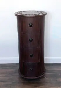 Beautifully Carved Solid Mango Wood Wood Pillar Chest Bedside Cabinet Unit Table  Brown 4 Draw 40 x 40 x 90 cm