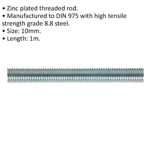 5-Pack M10 x 1mm Zinc Plated Threaded Studding Rod - Grade 8.8 DIN 975