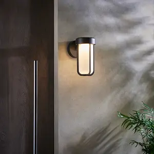 Matt Black Outdoor Wall Light & Frosted Glass Shade IP44 Rated 8W LED Module